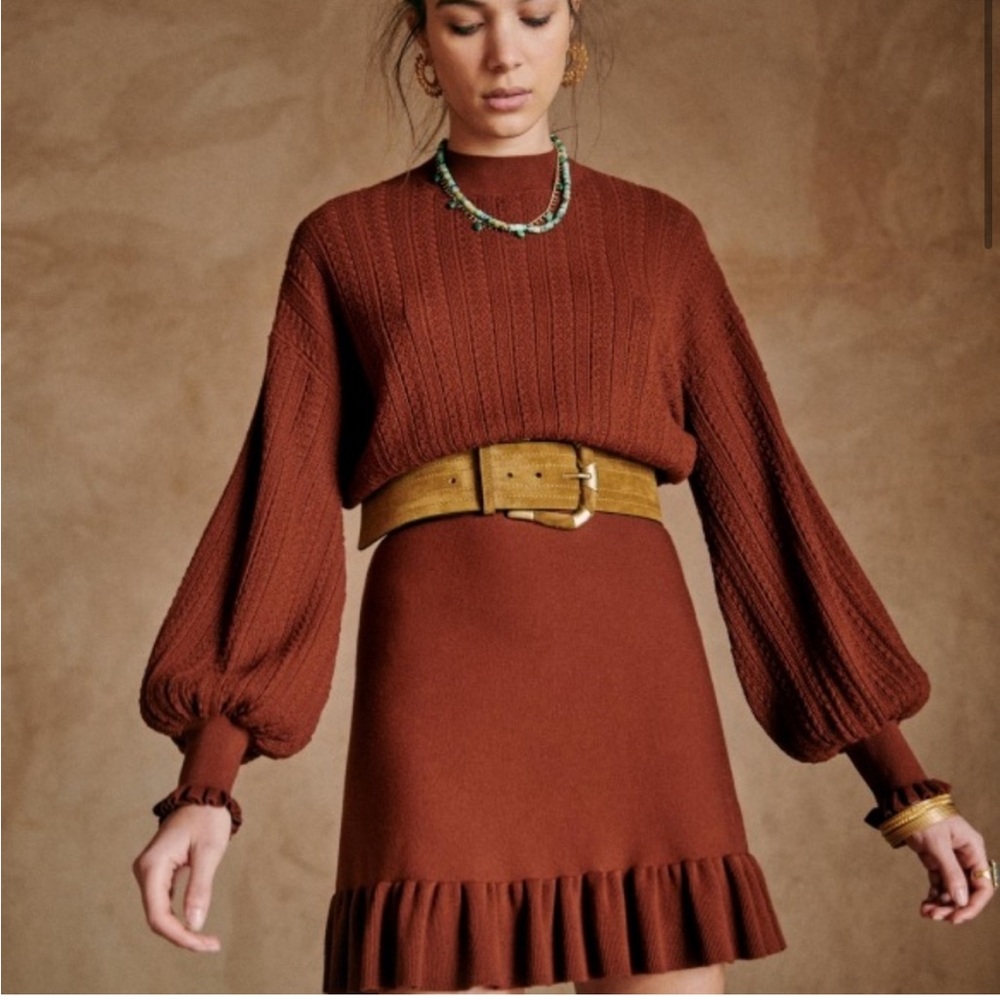 Sezane Rust Brown/Burgundy Knit Dress with Puff Sleeves